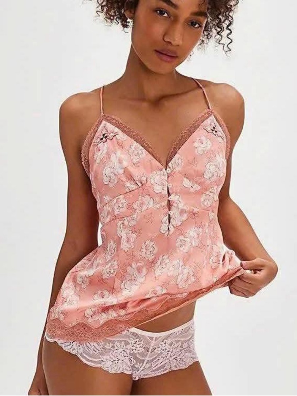 Floral Lace-Trim Satin Chemise in Blush Pink